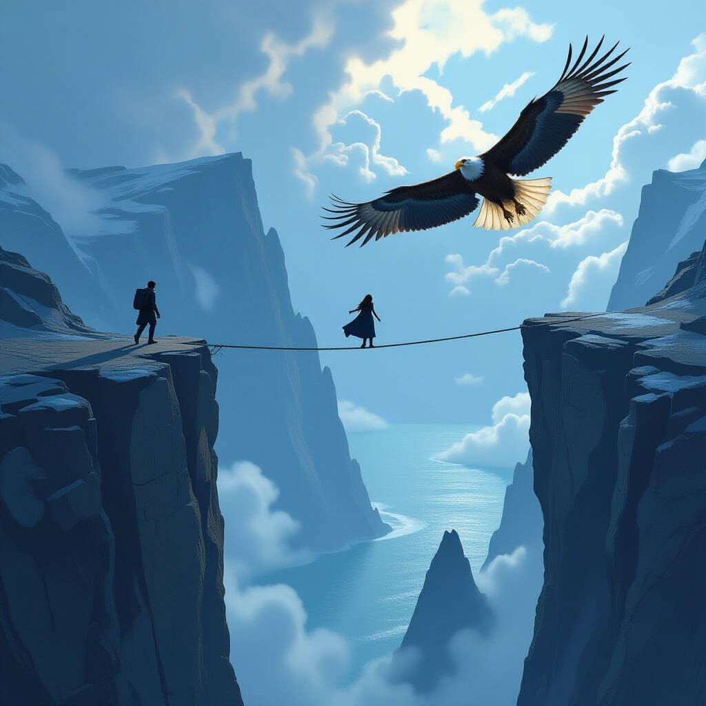 Terrified Figure on Tightrope Above Ocean, Eagle Soars