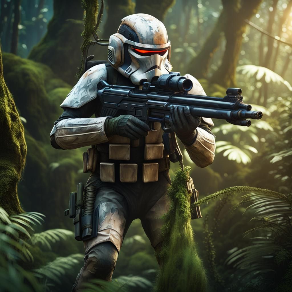 camo scout trooper explore the jungle with laser gun in hand - AI ...