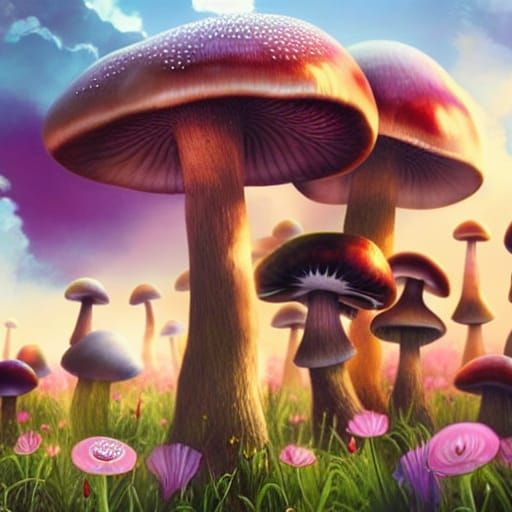 Giant psychedelic mushrooms in a field of flowers by Tom Bag...