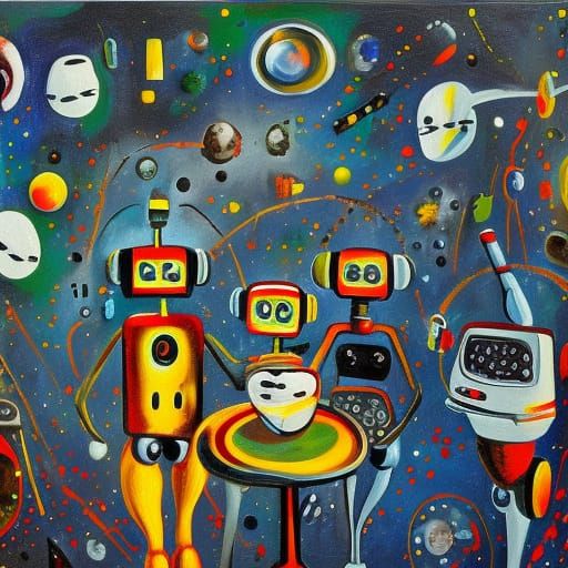 Cute robots in outer space in the style of Jackson Pollock #...