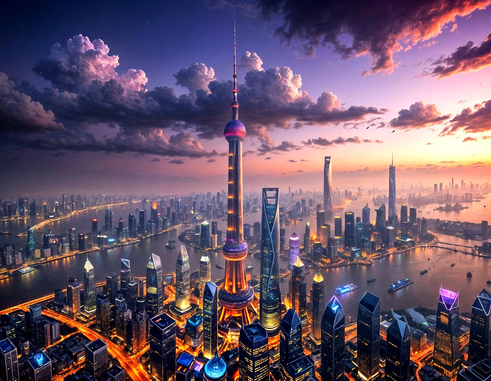 A spectacular view of the Shanghai skyline at dusk, with its iconic skyscrapers set against a dense carpet ...  by @Paske Mazuro