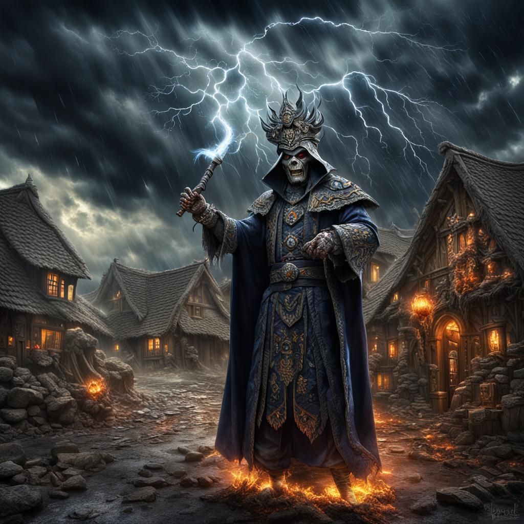 An evil warlock summons the storm to destroy the village, intricate ...