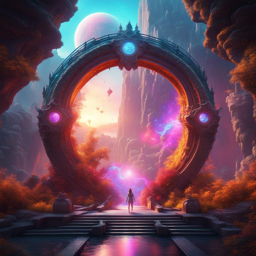 Show a surreal portal connecting different dimensions, with ...