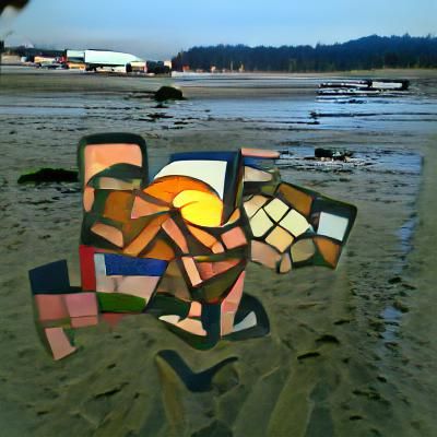 sunset on a beach with low tide cubism