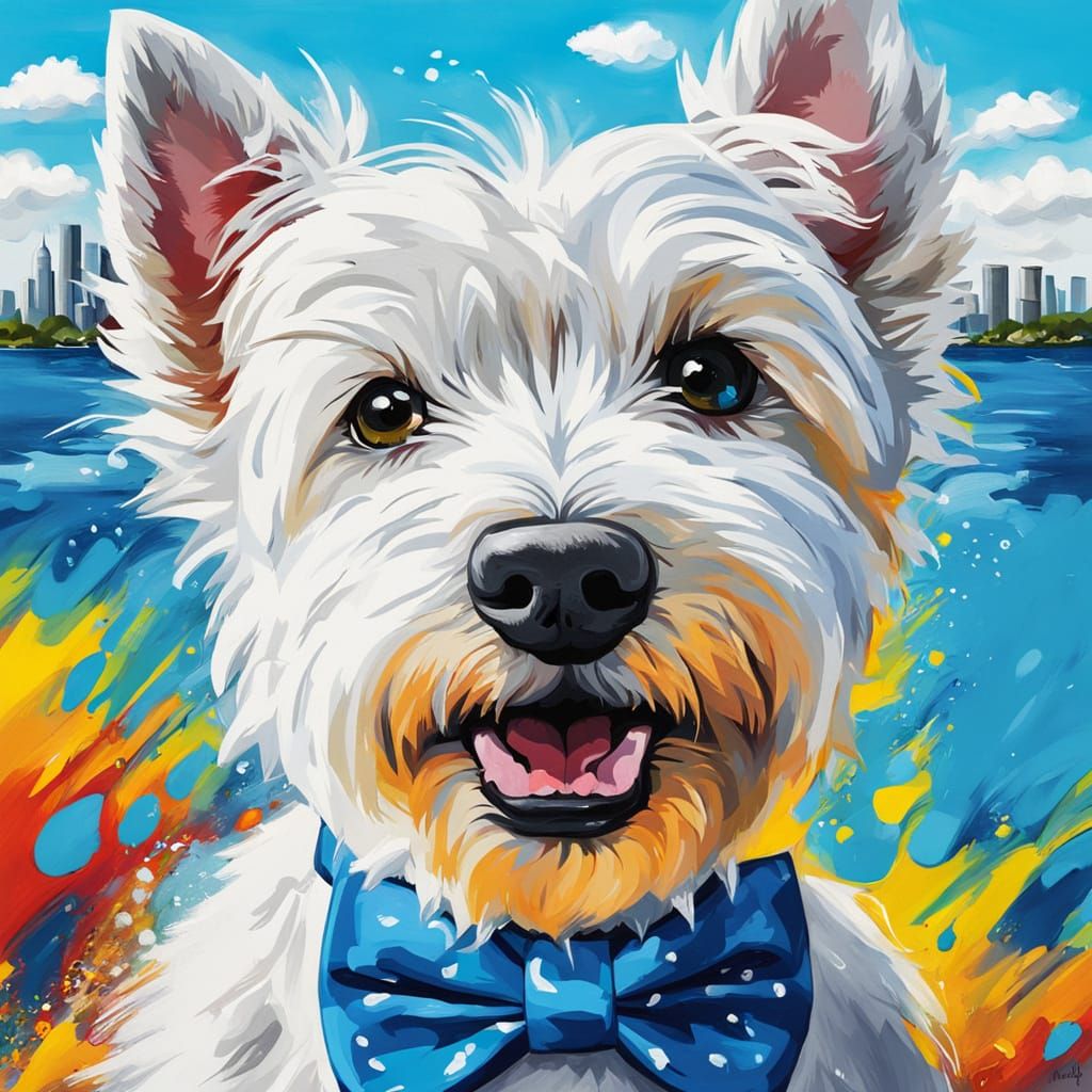 cute like westie wearing a blue bow tie, lake in the background, sunshine, white fluffy clouds, graffiti ...  by @Heather