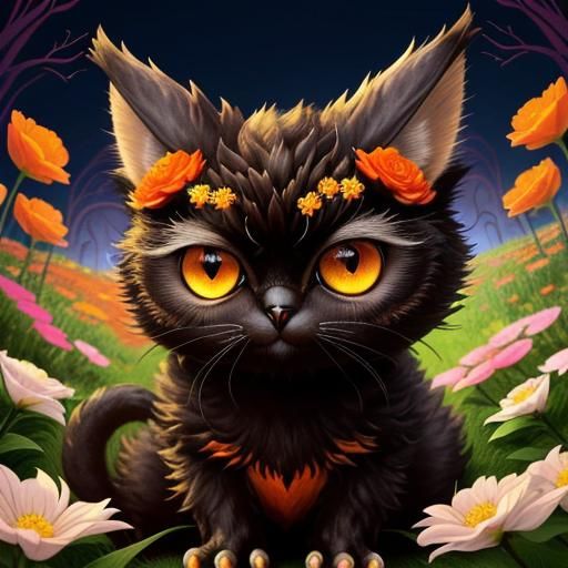 Close Up Of A Cute Monster Cat With A Tilted Head In A Field Of Flowers 