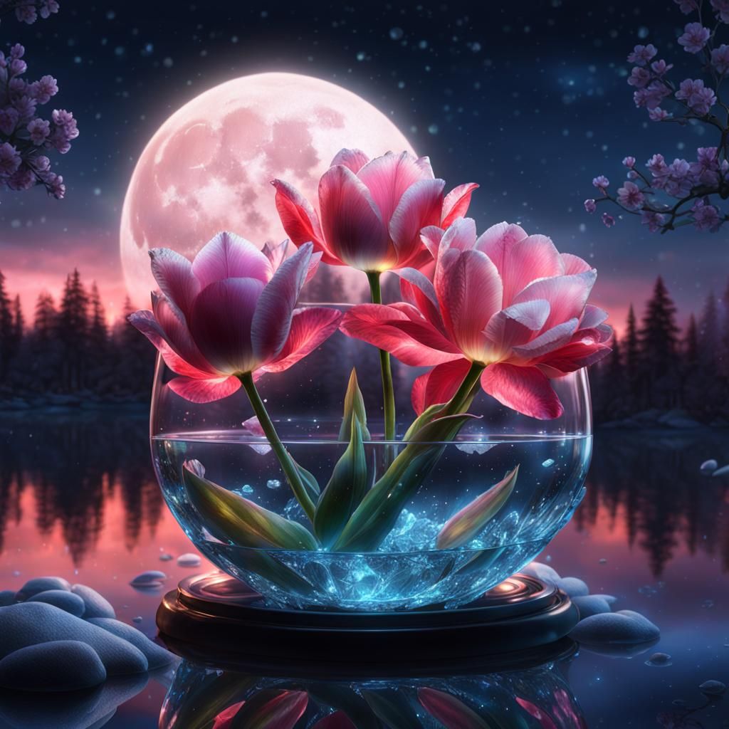 glowing crystal glass roses and tulips