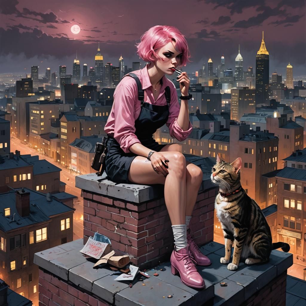 Villain girl with very short pink hair sits on top of a buil...