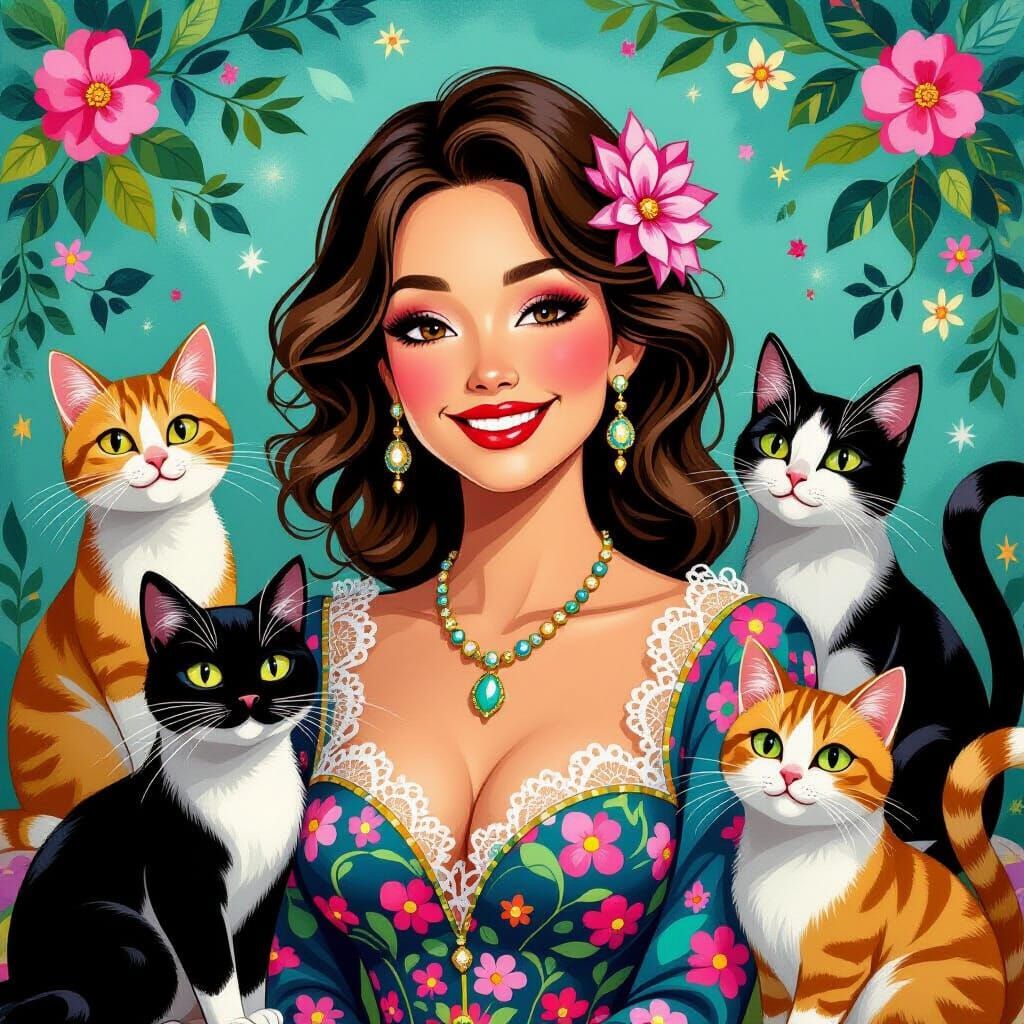 Woman with Cats in Whimsical Vibrant Scene
