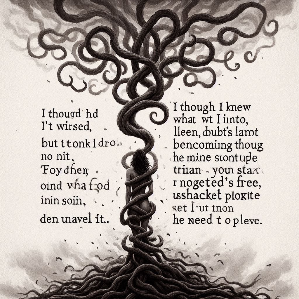 I thought I knew what I was into, but then life twisted, Doubt's limb, reaching through the fog of me. I didn't leave. I...