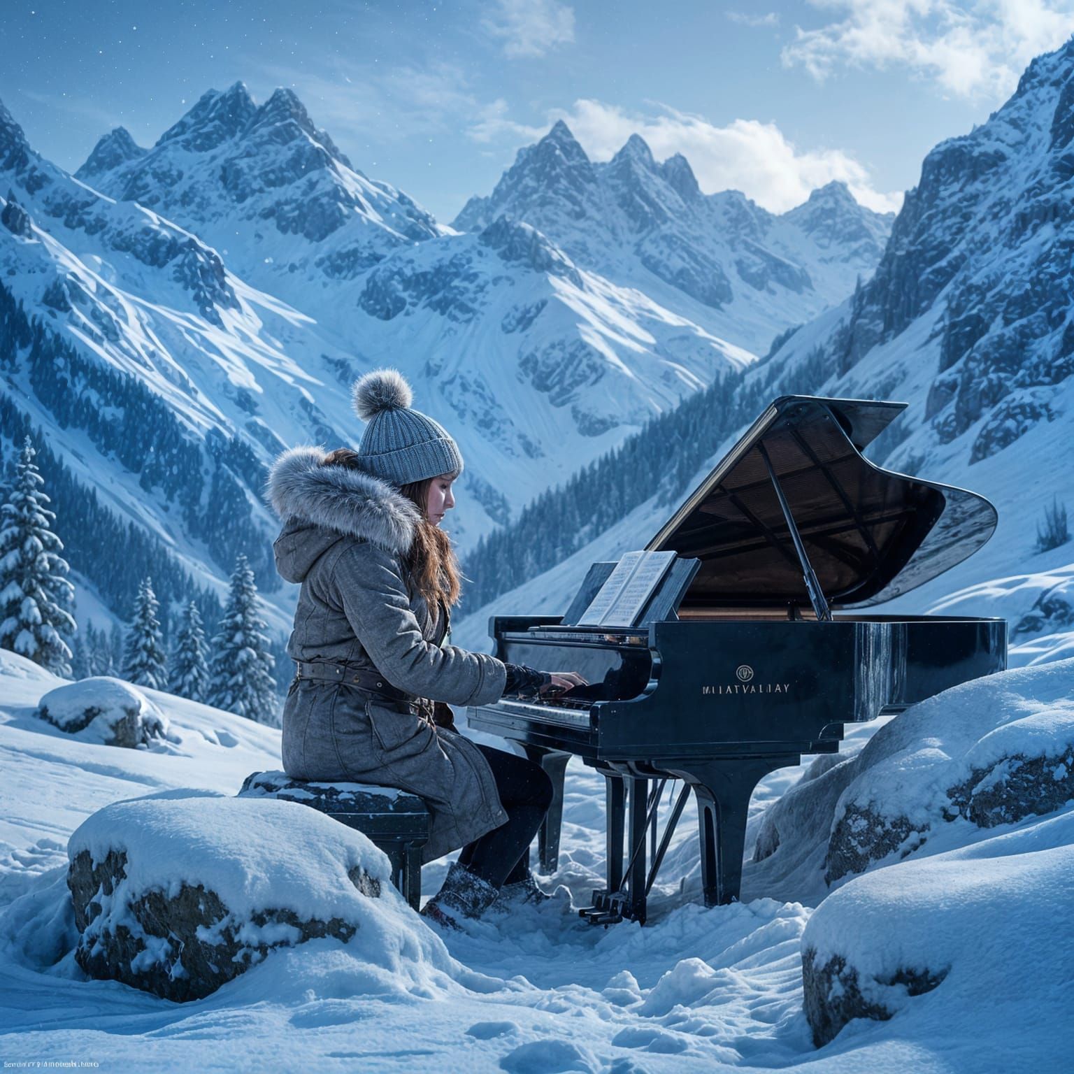 Close-up In a snowy mountain valley, a girl plays a piano that has been driven into a rock.  by @Likra