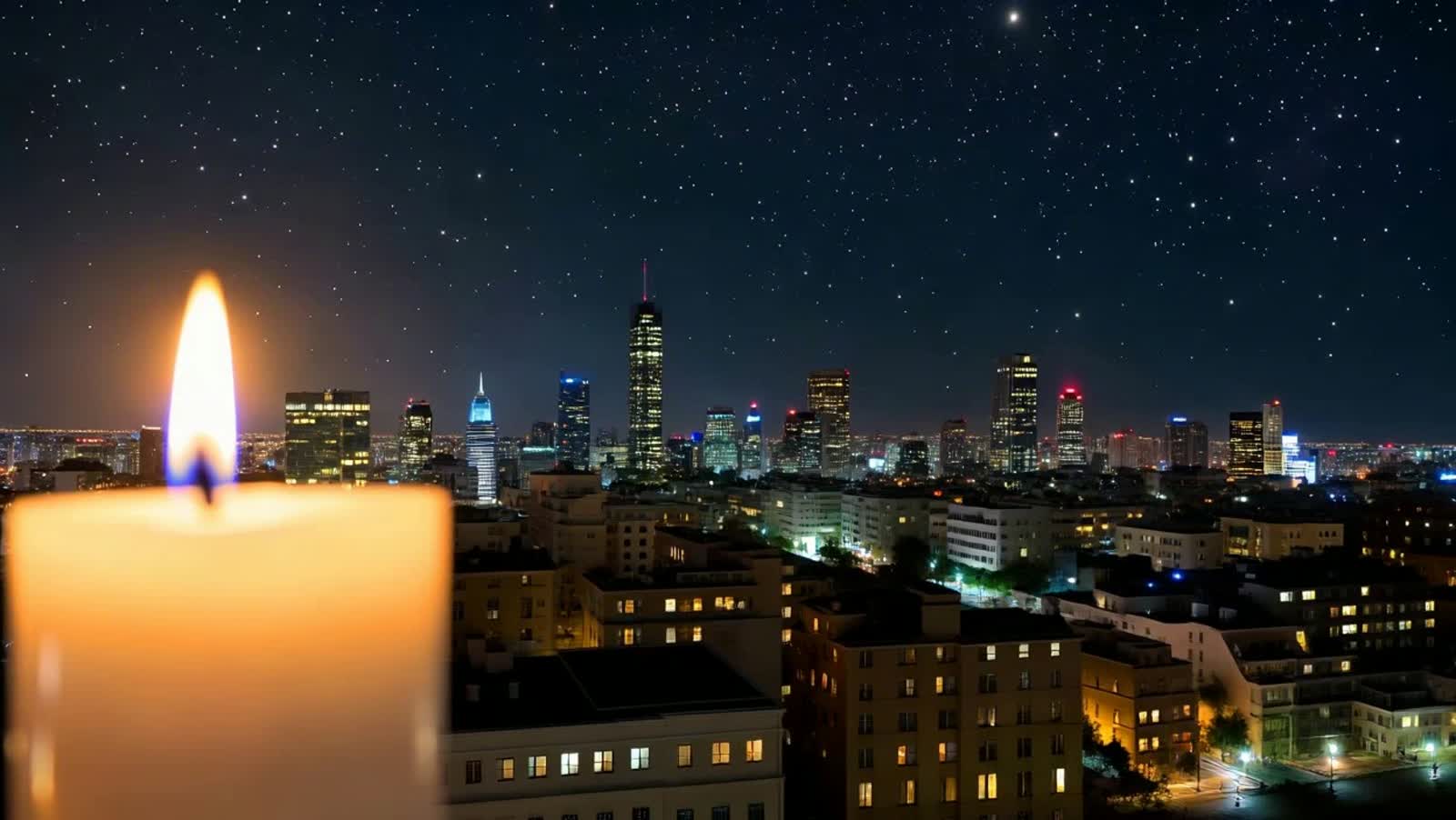 A candle lite glowing in the distance, City lights glowing the far distance a dark night  stars glowing oerhead.