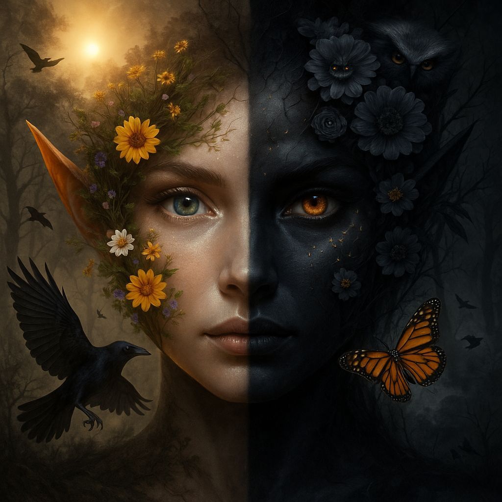 A  surreal digital art piece of a dual-faced figure of an elf. the face  should be mixed of dark and moody forest with ravens and fog and an...