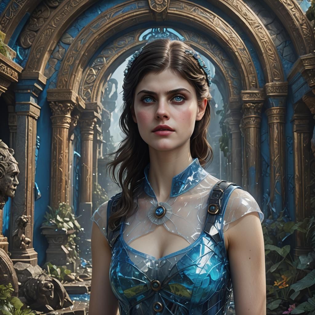 young Alexandra Daddario wearing plastic vest and looking at us. big