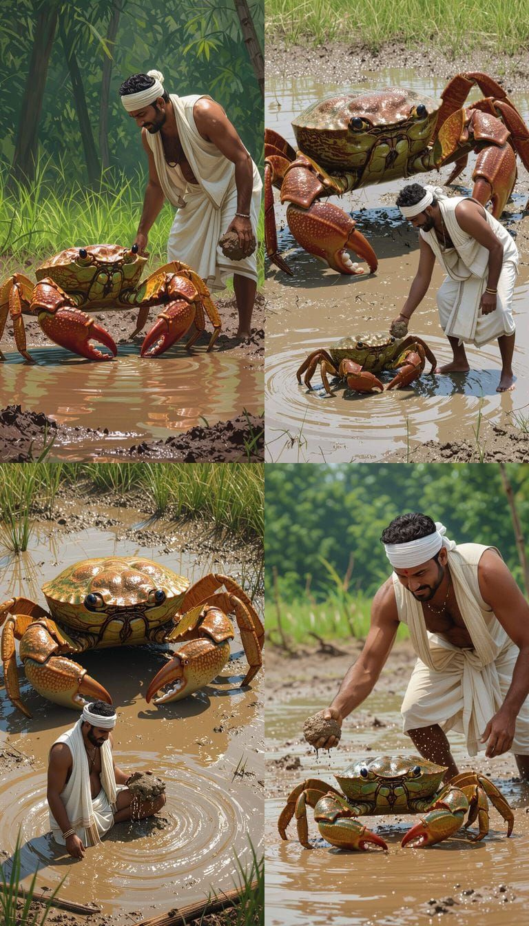 Giant Brown-Green Crab in Muddy Pond with Man