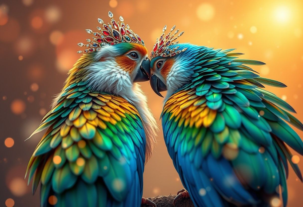 Fantasy lovebirds with flowing tail feathers and jeweled headpieces, soft glowing background filled with sparkles and wa...