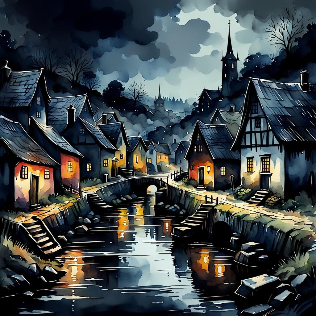 Dark and moody village.