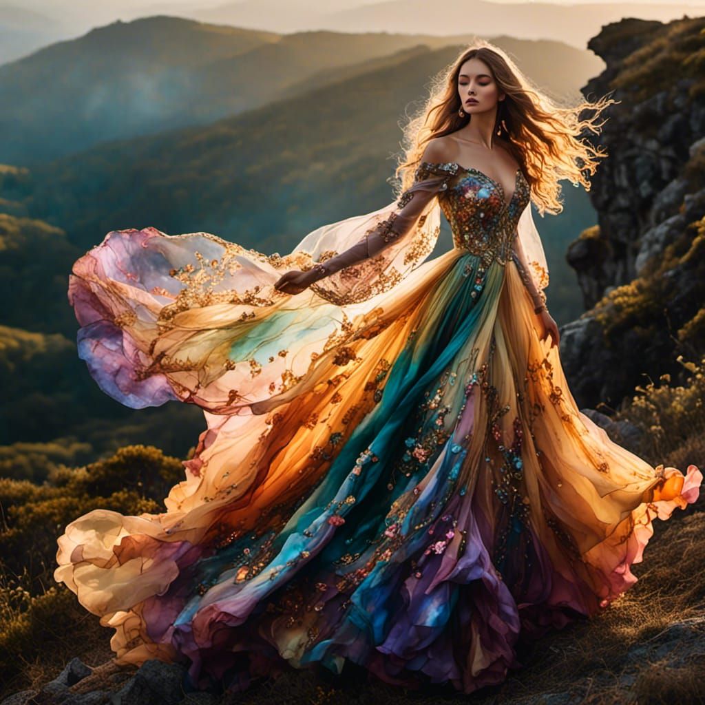 Epic <lora:Fantasy Ink:1.0> fantasy gown blowing in the wind atop a <lora:Vivid 3:1.0> high cliff,  clean lines, sharp f...