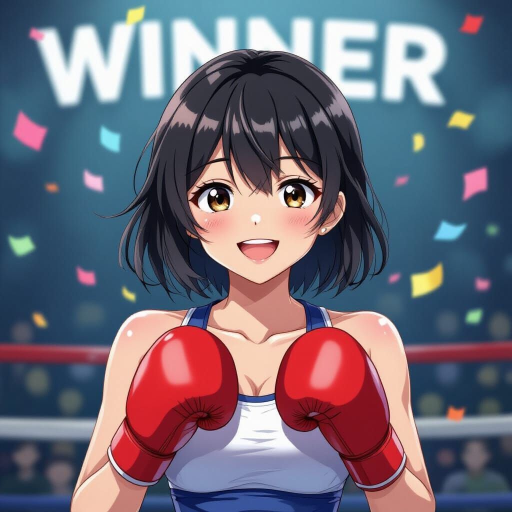 Anime Victorious Woman Celebrates Win with Confetti
