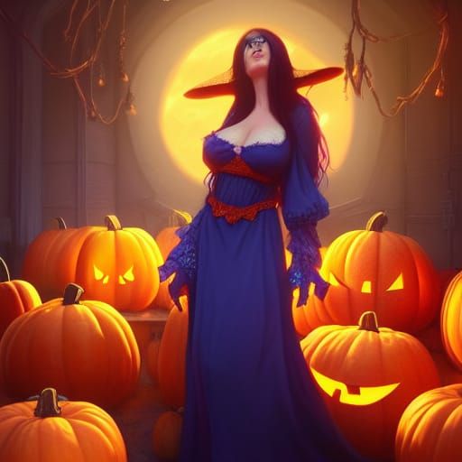 beautiful, hot witch in night gown with pumpkins and candies...
