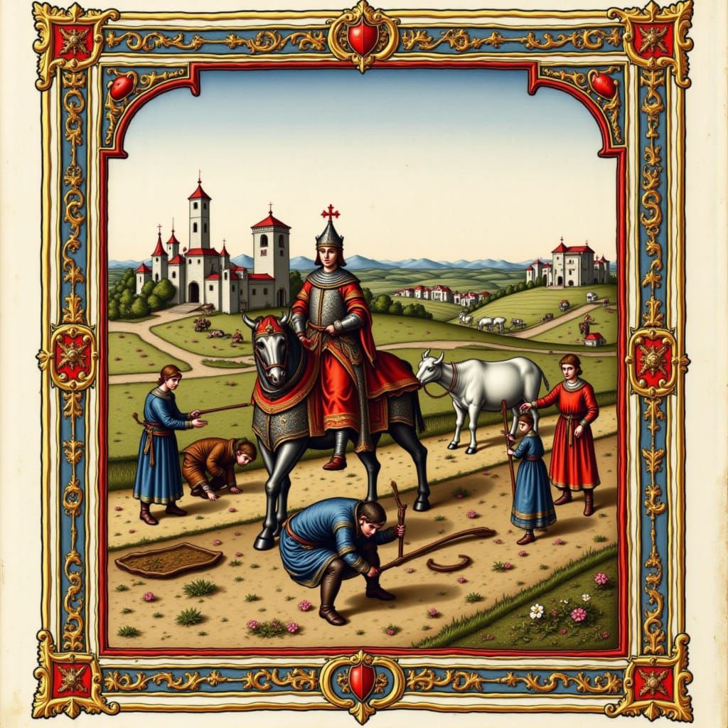 A knight in armor on horseback, surrounded by peasants in tunics and leggings, tilling the fields with oxen and hand tools, in a style remin...