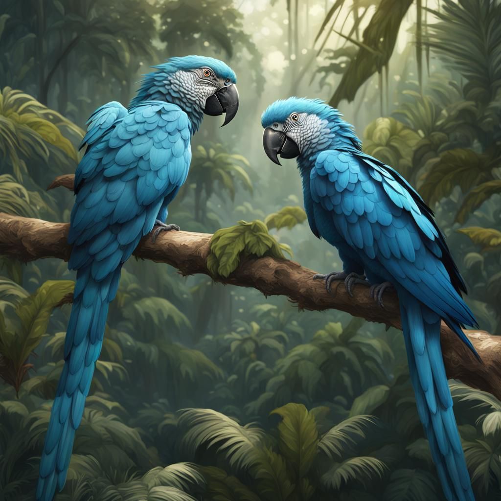 pair of Spix Macaws on branch, rainforest background