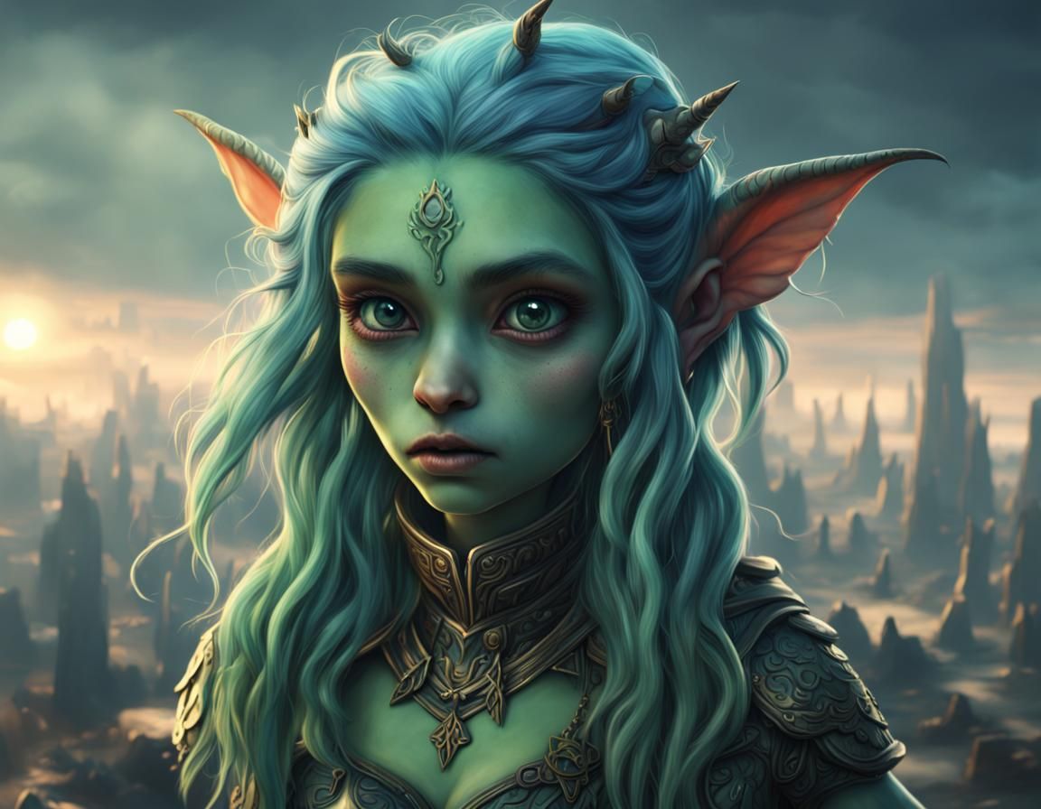 cute pretty goblin girl green skin blue hair Epic cinematic ...