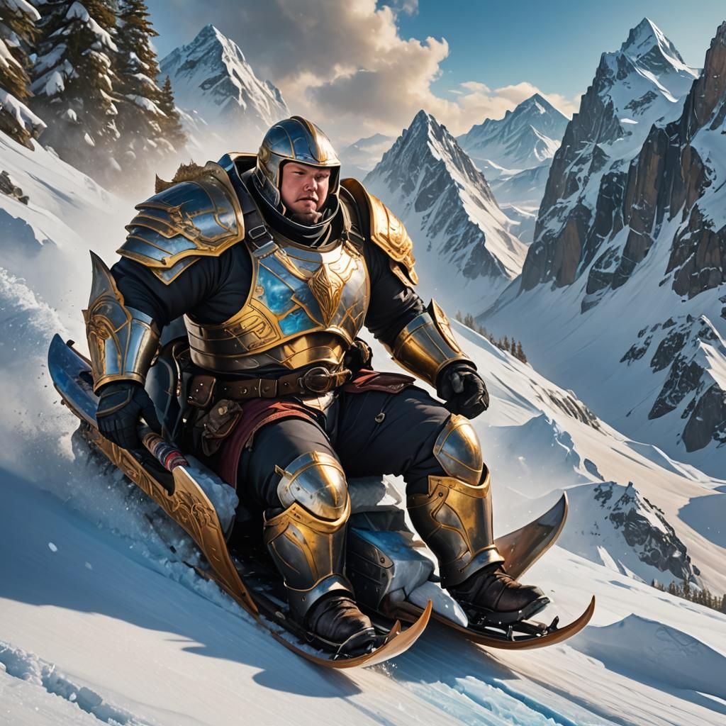 Obese gunner in paladin armor sledding on an ice mountain