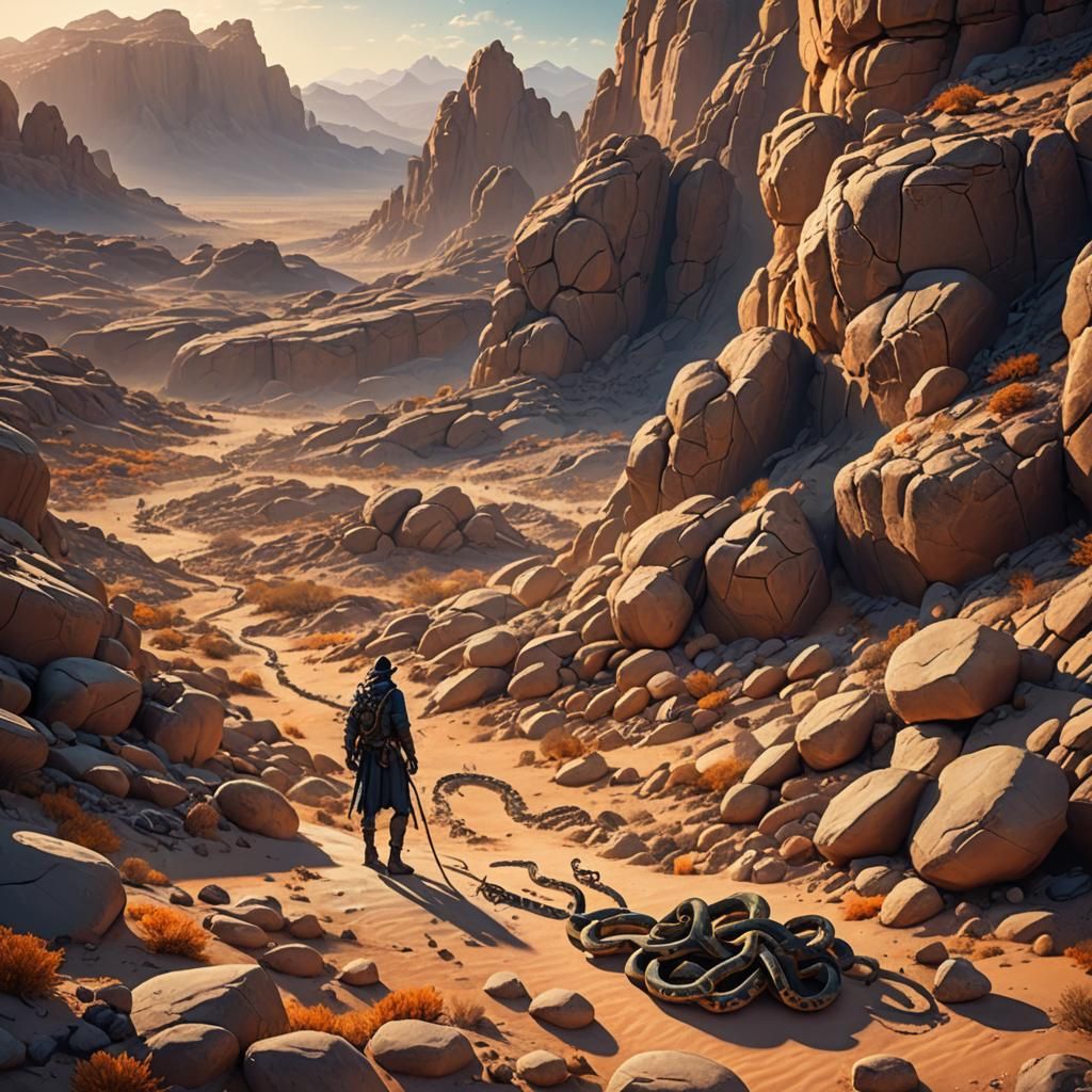 Desert Wanderer Amidst Snakes at Golden Hour