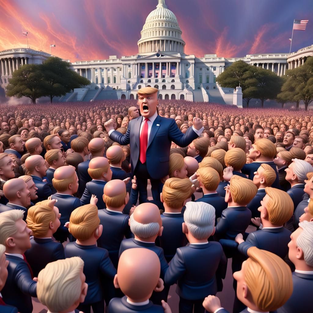 a crowd of angry trump bobbleheads storming the Washington c...