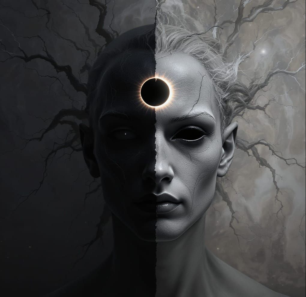 Surreal Face in Shadow, Illuminated by Eclipse