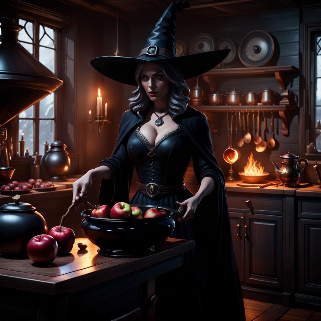 scene: an evil witch, with black clothes and a witch's hat, in the kitchen with the cauldron, and a poisoned ...  by @Livia ACumplice
