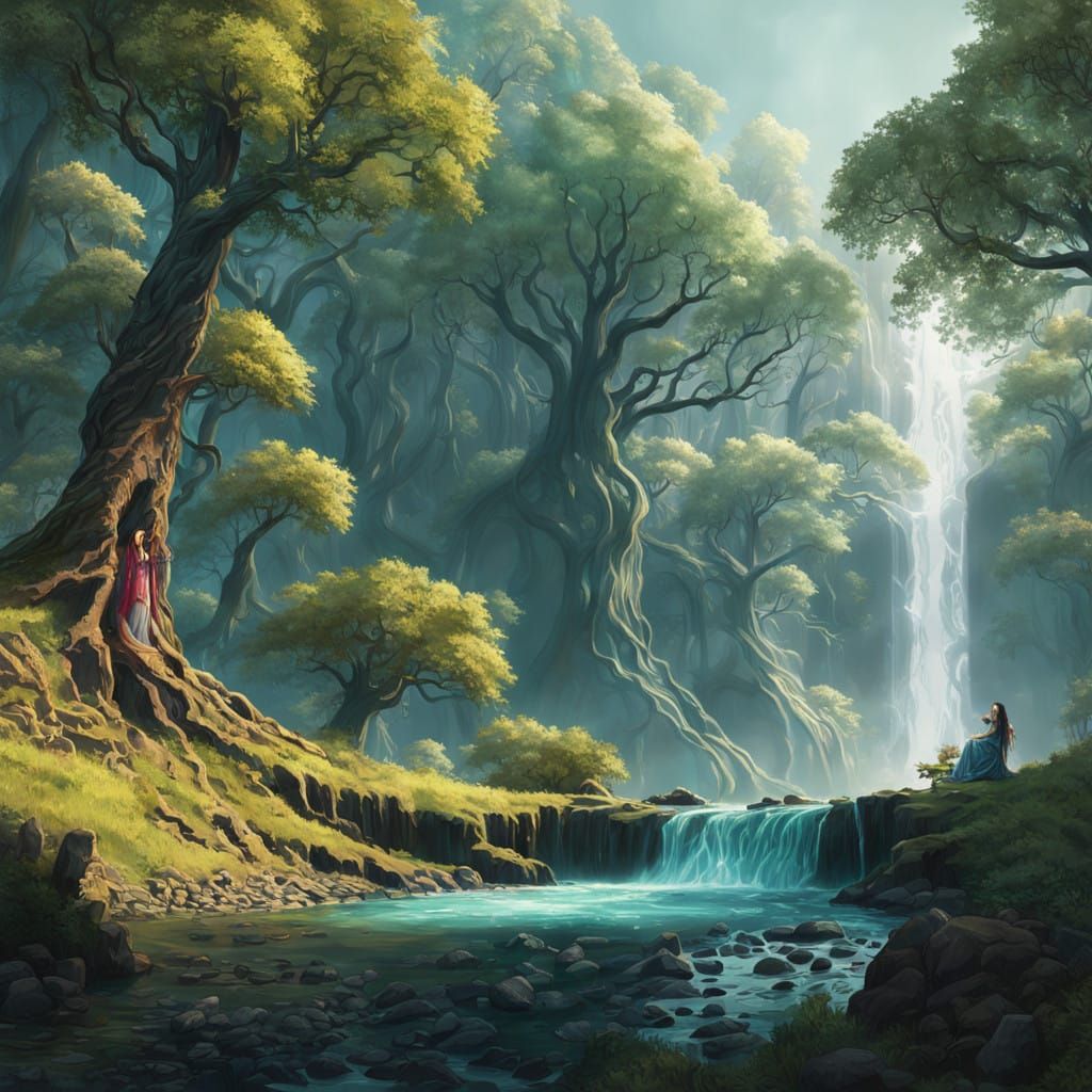 Ethereal Forest Goddess amidst Shimmering Waterfall