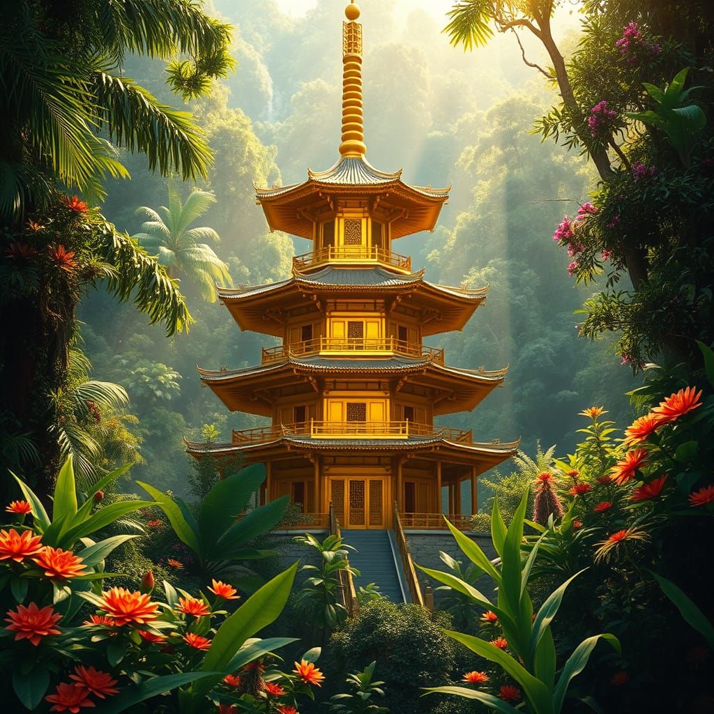 Hyperrealistic, an intricate golden pagoda in a lush colorful jungle, detailed setting