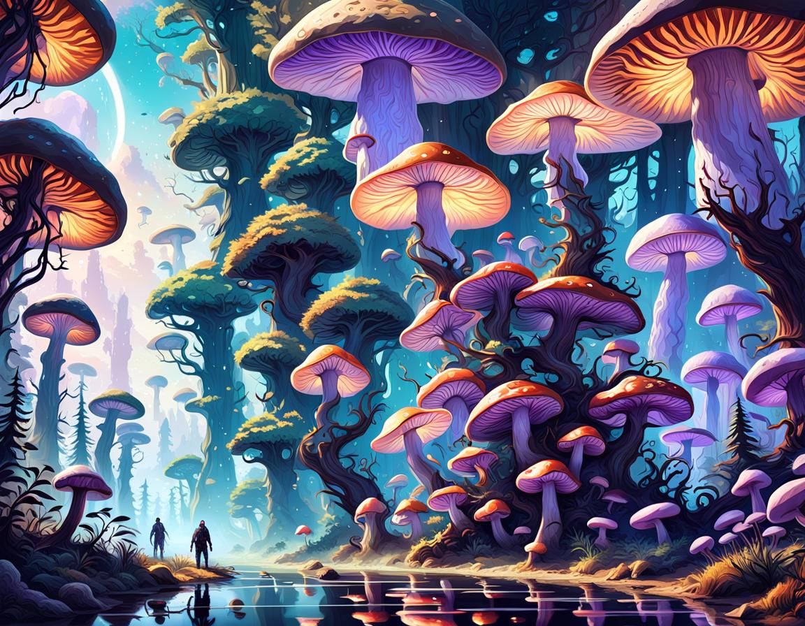 forest of giant mushrooms as tall as trees, packs of big blu...