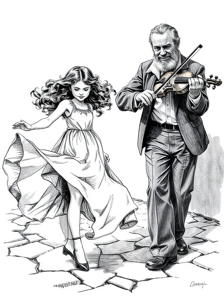 Young Girl Dances with Abandon in Warm Black and White Sketc...