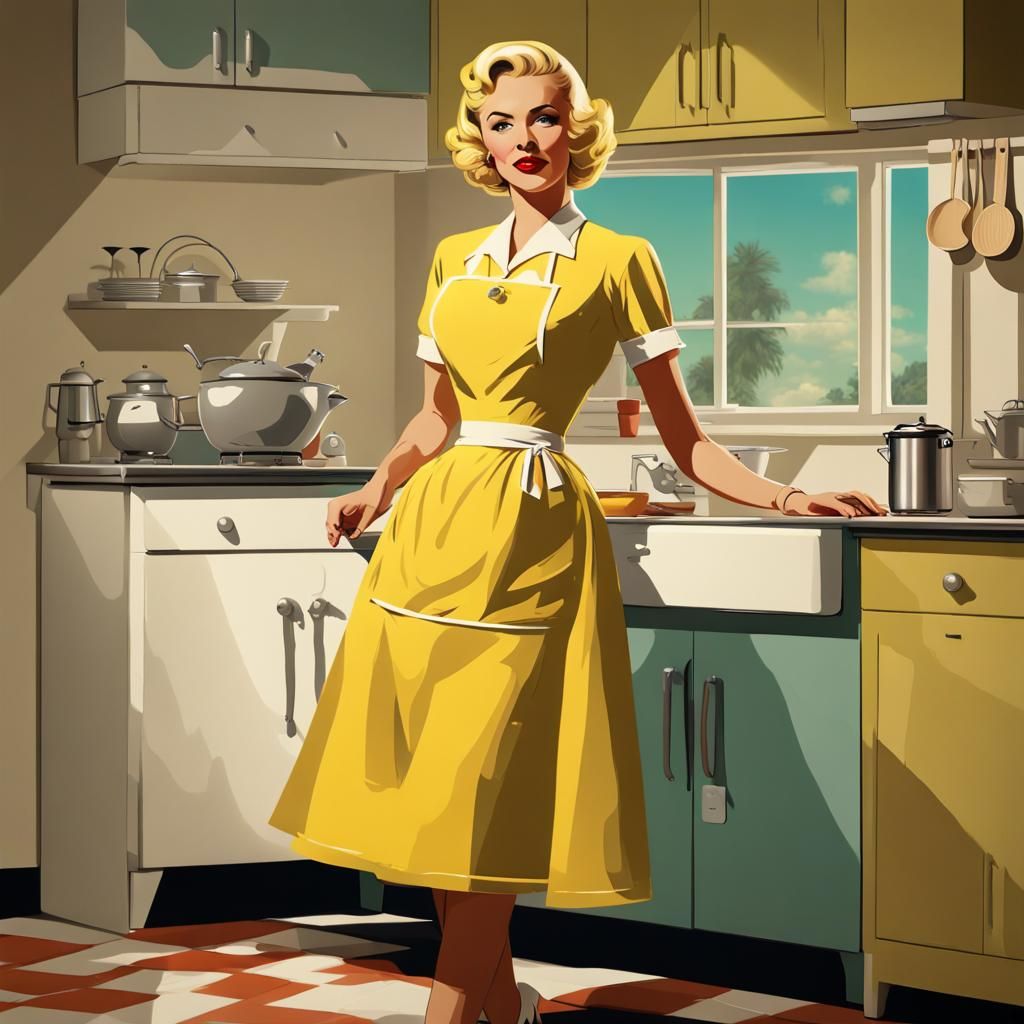 A full body shot of a beautiful blond 1950s housewife in a kitchen ...