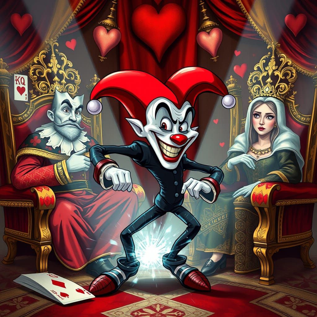 The joker from a pack of playing cards making mischief in the court of the king and queen of heart from ...  by @Hollyberry