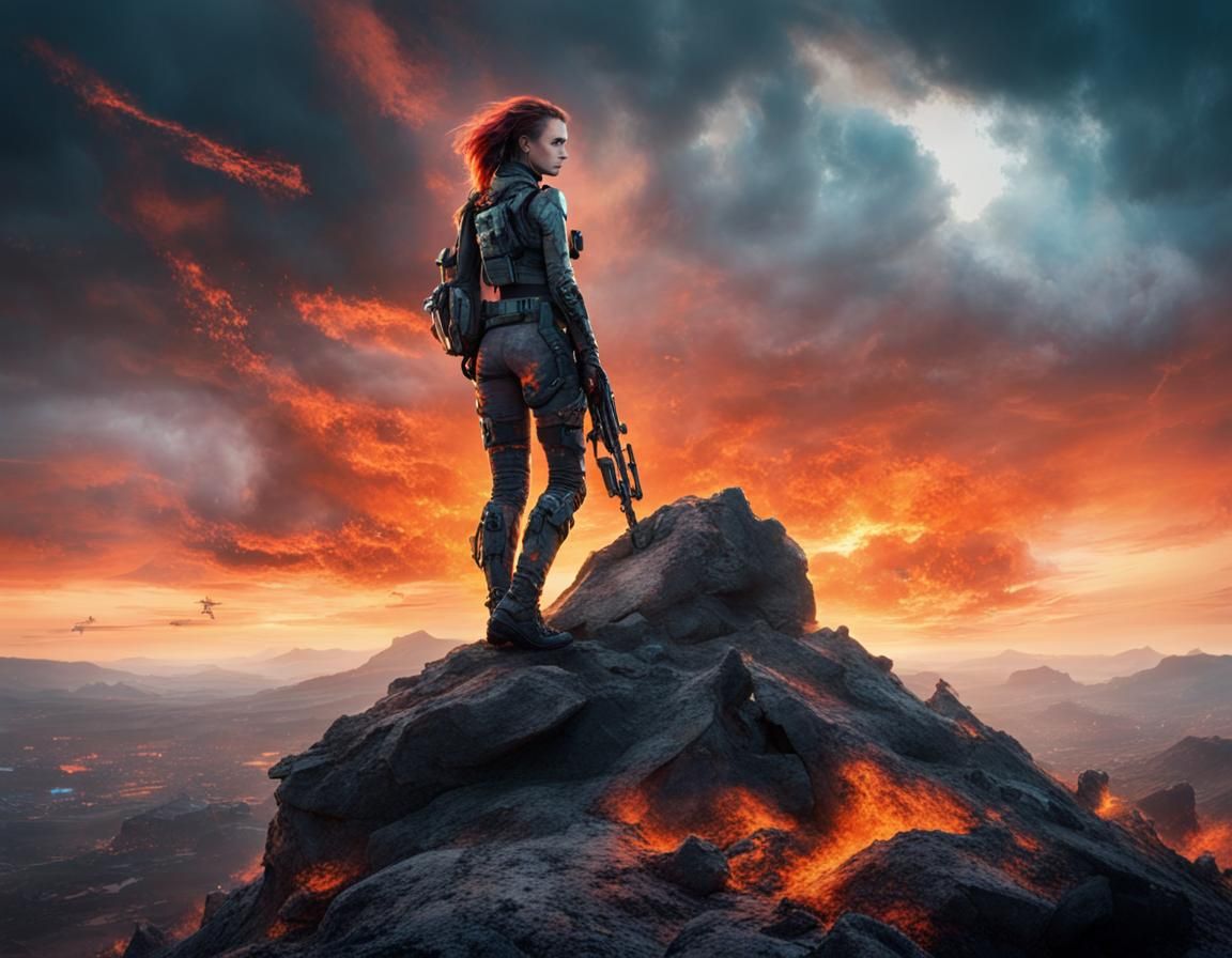 A futuristic soldier faces the camera on a hilltop with a fiery sky above her. She holds a (tattered standard 1.5)