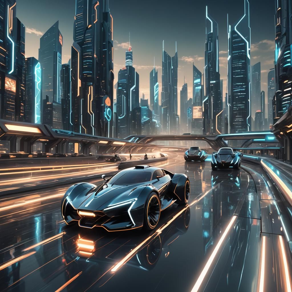 tron style light cycle, futuristic glass city skyline in the...
