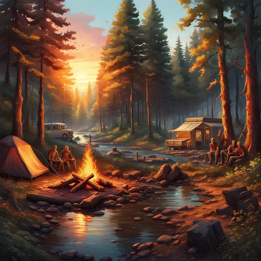 Campsite, forest, creek, sunset, campfire  by @Chamelios