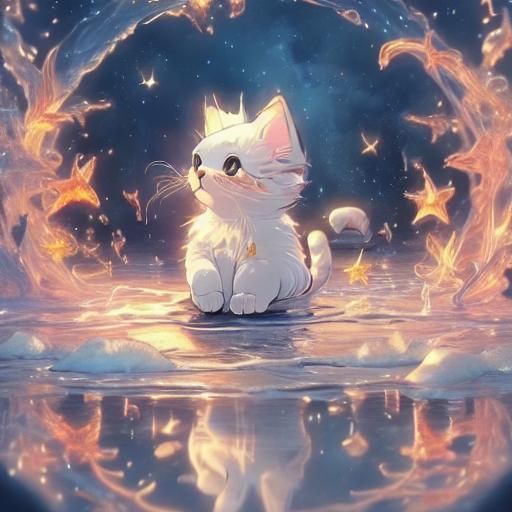 <lora:Kawaii cats:1.0> Cute cat  surrounded by beautiful koi fish, soft lighting (character design, digital illustration, fantasy background...