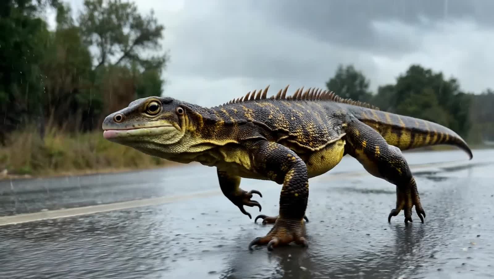A bearded dragon running down the wet rainy road