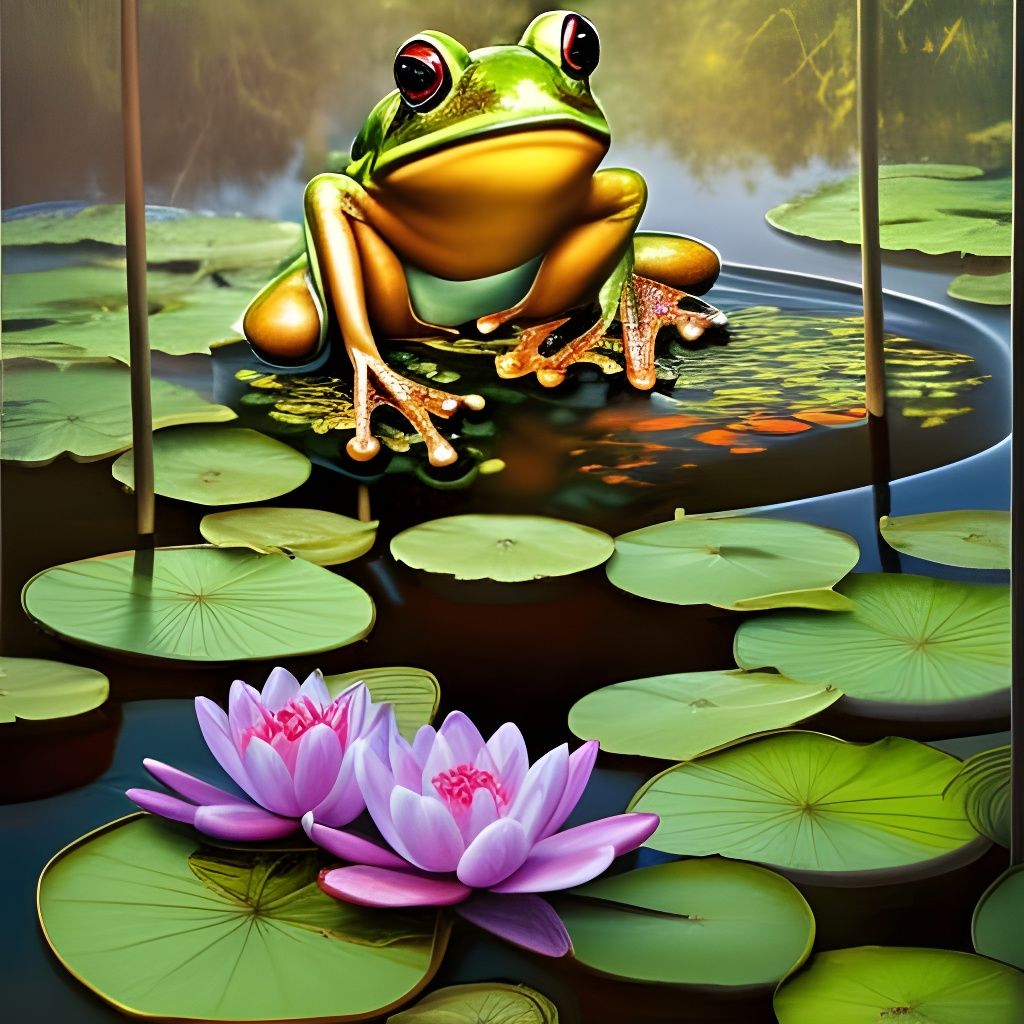 Photorealistic Lush Pond with a frog Sitting On A Giant Wate...