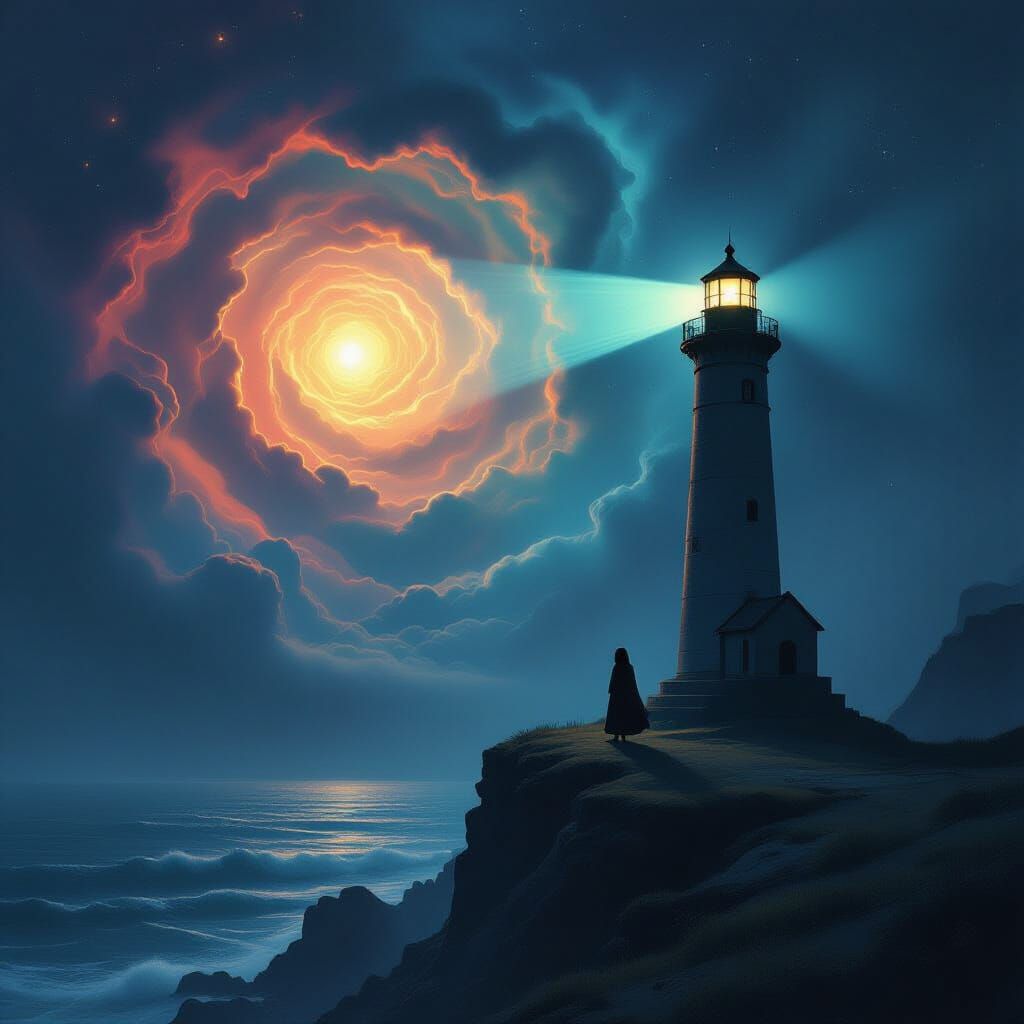 A lone firekeeper stands on a cliff edge, gazing out at a swirling, iridescent nebula that has replaced the ocean. The lighthouse beam cuts ...