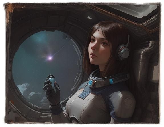 Android woman space station stellar debris oil painting John William Waterhouse style 