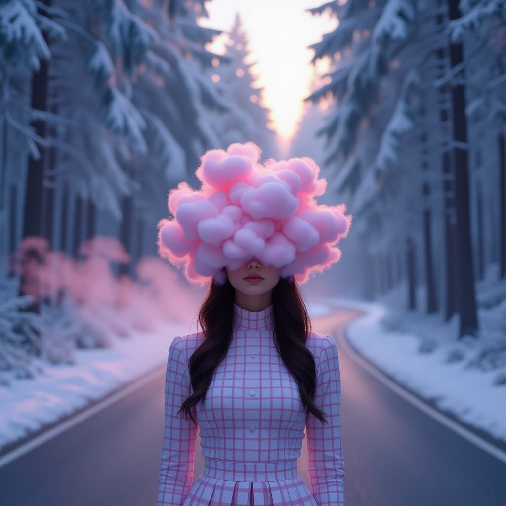 Highly detailed hyper-realistic illustration. A winding road cuts through a tall forest lightly dusted with snow. A soft pink mist rolls alo...