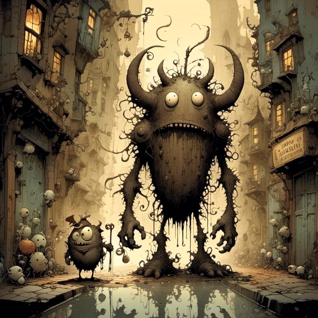 A monster standing in a dark alley, surreal, by Brian Kesinger, Alexander Jansson, and Jean Baptiste Monge, smooth, perfect, high definition...