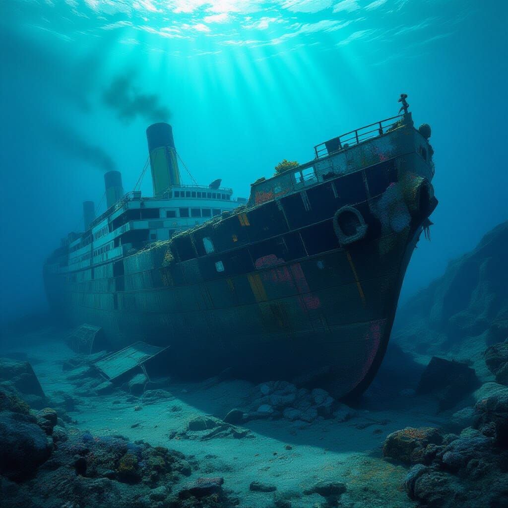 "The wreck of the Titanic resting deep under the ocean, broken hull covered with rust and corals, eerie blue light filtering through the wat...