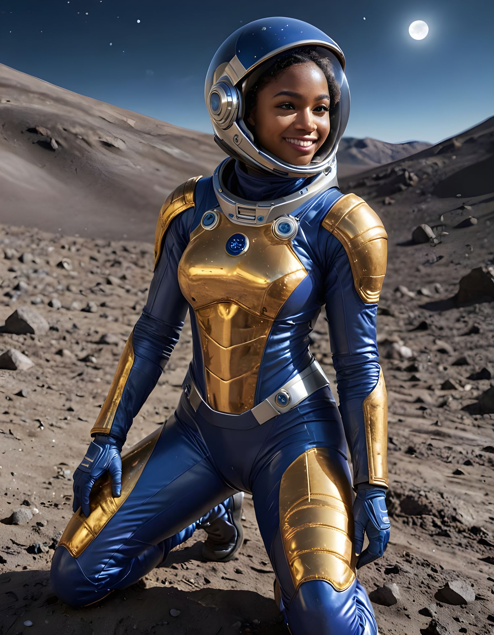 Beautiful Guyanese astronaut kneeling on the Moon in her lap...